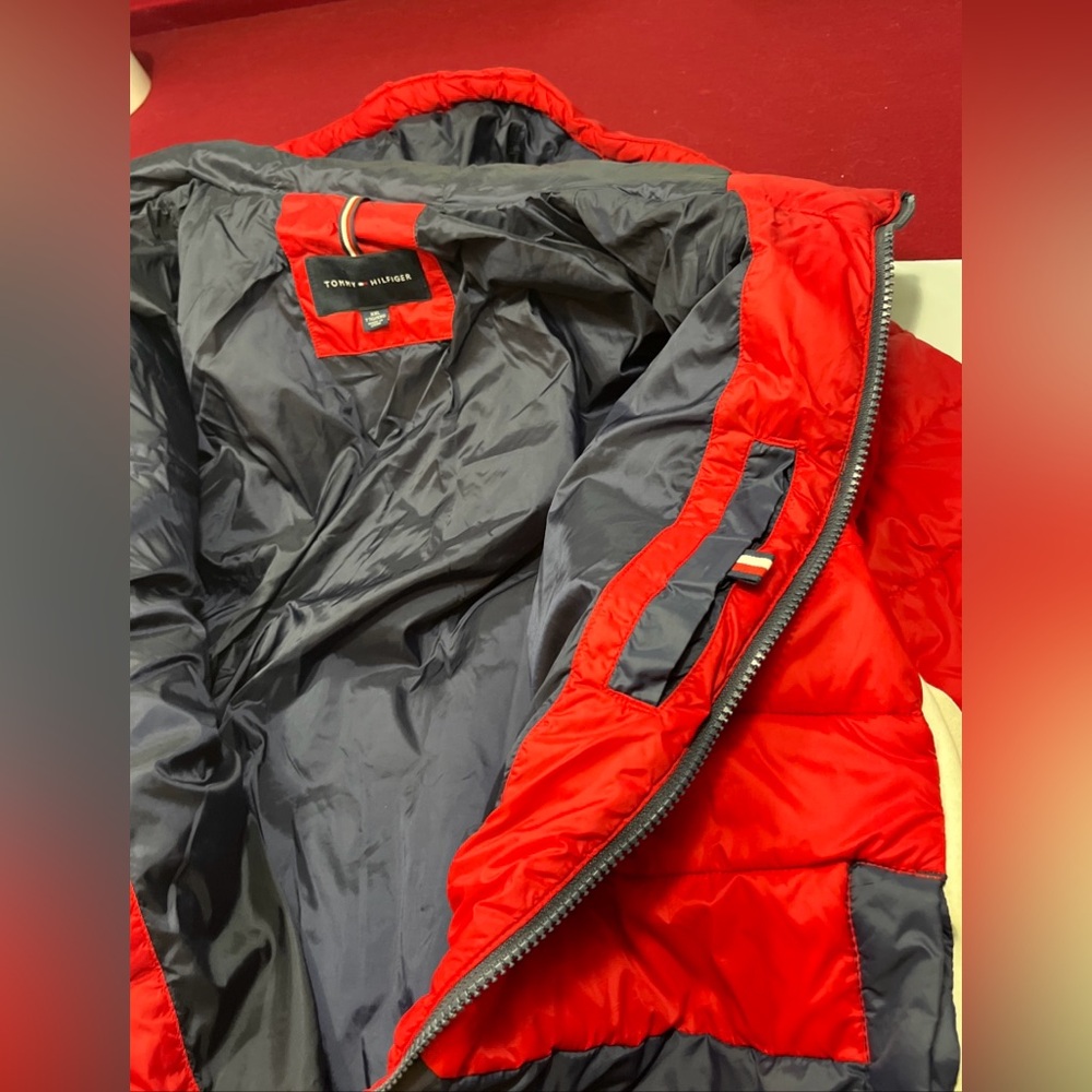 90s TOMMY HILFIGER JACKET Primaloft Red Blue WHITE Quilted Hooded Puffer coat 2X - Picture 3 of 16